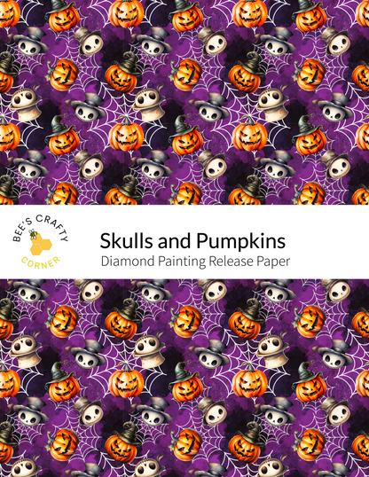 The image is a repeating pattern of skulls and pumpkins against a purple background, creating a Halloween-themed design.