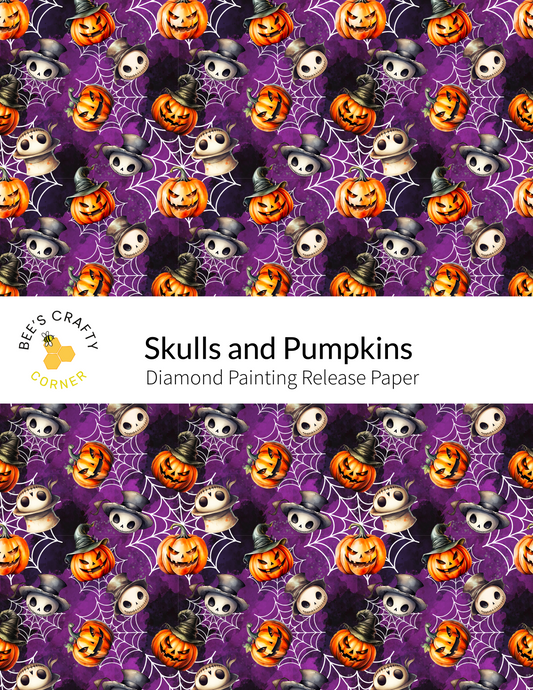 The image is a repeating pattern of skulls and pumpkins against a purple background, creating a Halloween-themed design.