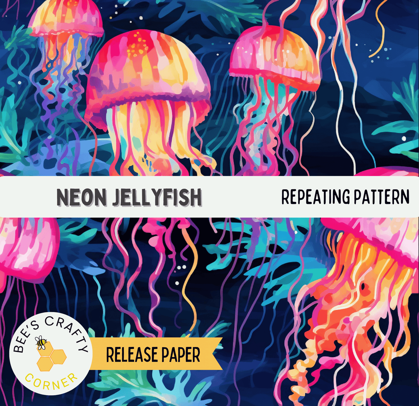 The image is a vibrant and colorful illustration of neon jellyfish, featuring a repeating pattern of these jellyfish in various shades of pink, orange, and blue. The background is a dark blue color, which contrasts with the bright colors of the jellyfish and adds depth to the overall composition. The image appears to be a release paper or a printed page from a publication, as indicated by the text "RELEASE PAPER" and "Bee's Crafty Corner" at the bottom.