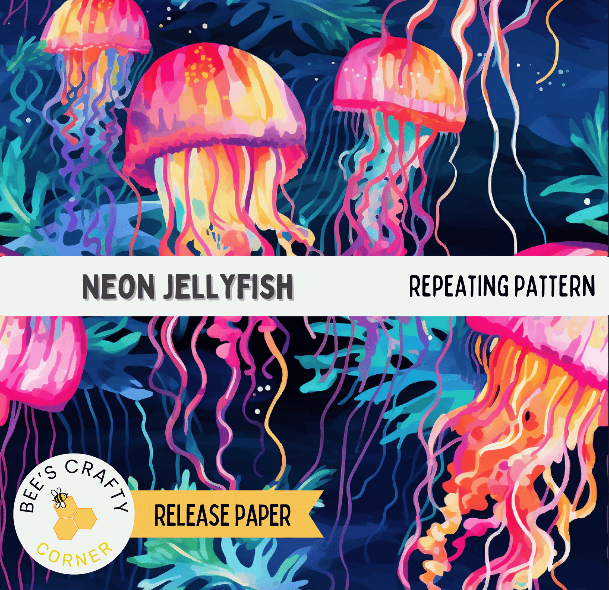 The image is a vibrant and colorful illustration of neon jellyfish, featuring a repeating pattern of these jellyfish in various shades of pink, orange, and blue. The background is a dark blue color, which contrasts with the bright colors of the jellyfish and adds depth to the overall composition. The image appears to be a release paper or a printed page from a publication, as indicated by the text "RELEASE PAPER" and "Bee's Crafty Corner" at the bottom.