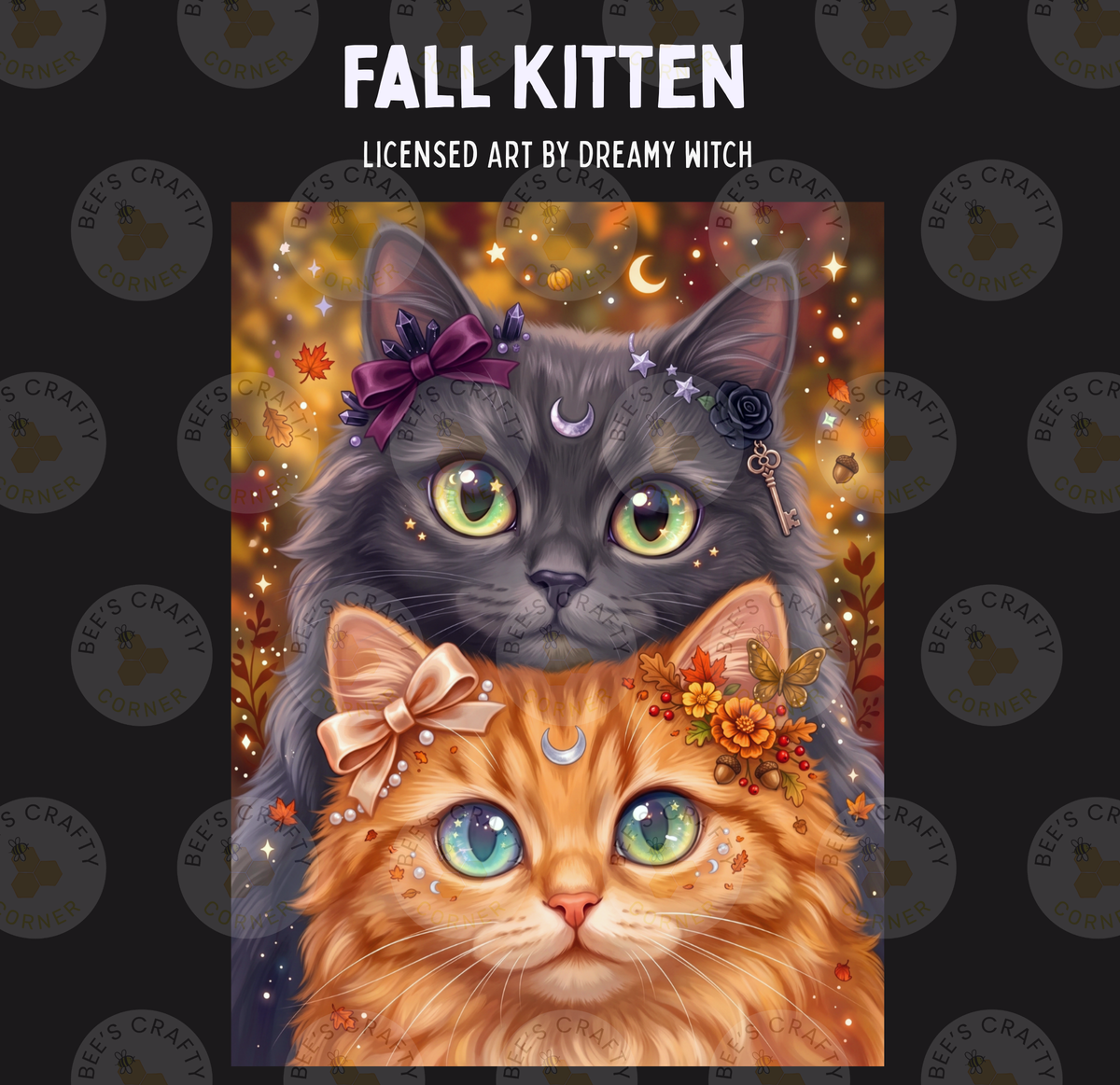 The image is a digital illustration featuring two cats, one orange and one gray, with various autumn-themed elements surrounding them.