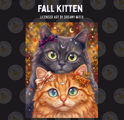 The image is a digital illustration featuring two cats, one orange and one gray, with various autumn-themed elements surrounding them.