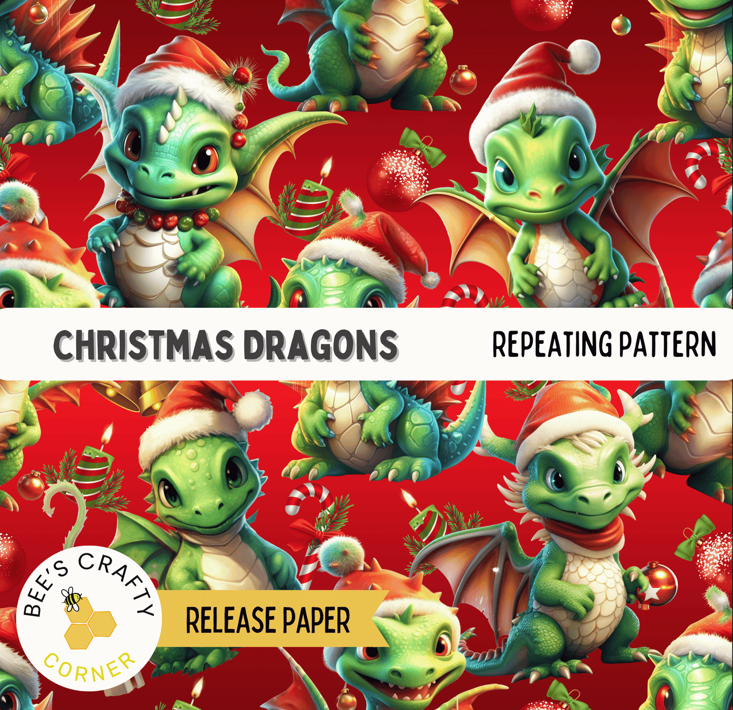The image is a repeating pattern of cartoon-style green dragons wearing Santa hats and holding Christmas-themed objects such as candy canes and ornaments.