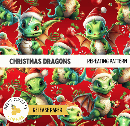 The image is a repeating pattern of cartoon-style green dragons wearing Santa hats and holding Christmas-themed objects such as candy canes and ornaments.