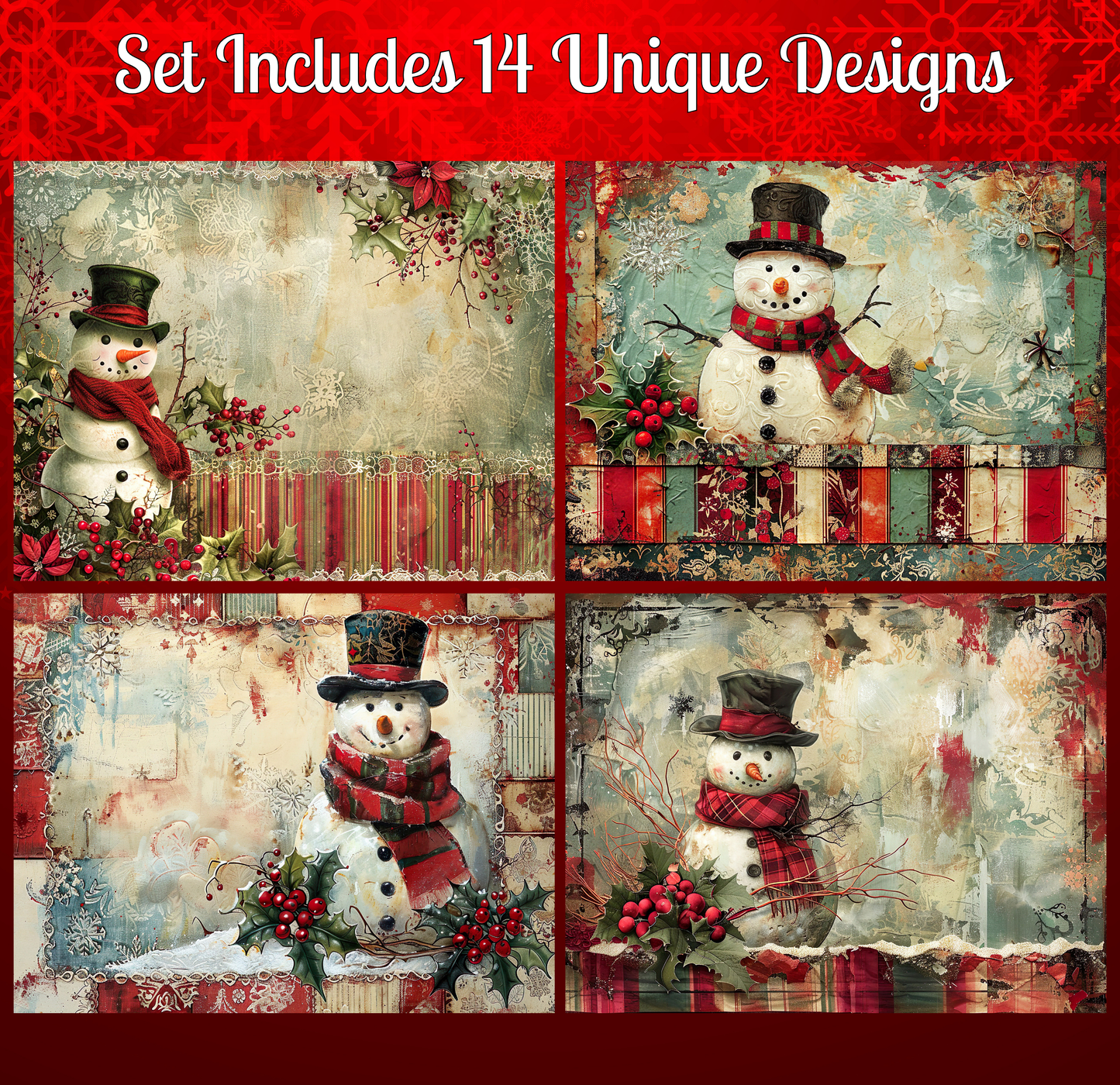 a set of four unique snowman designs, each with different background and decorative elements.