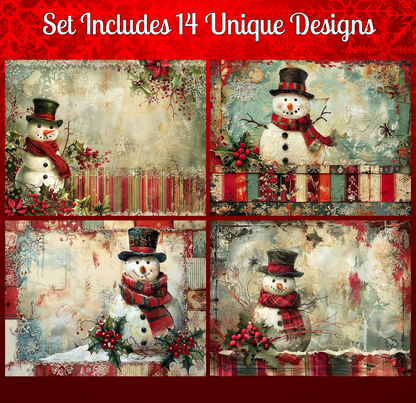 a set of four unique snowman designs, each with different background and decorative elements.