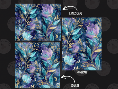 three different floral designs, each with a unique color scheme and style. The first design is a landscape with blue and purple flowers, the second design is a portrait with blue and purple flowers, and the third design is a square with blue and purple flowers. The image is labeled with the words "LANDSCAPE", "PORTRAIT", and "SQUARE" to indicate the different types of floral designs.