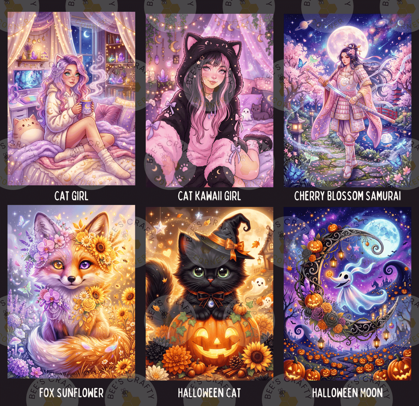 The image is a collage of six colorful and whimsical illustrations, each depicting a different character or scene. The illustrations include a girl with purple hair, a girl with a cat, a girl with a cherry blossom, a girl with a witch, a fox with a sunflower, and a cat with a pumpkin.