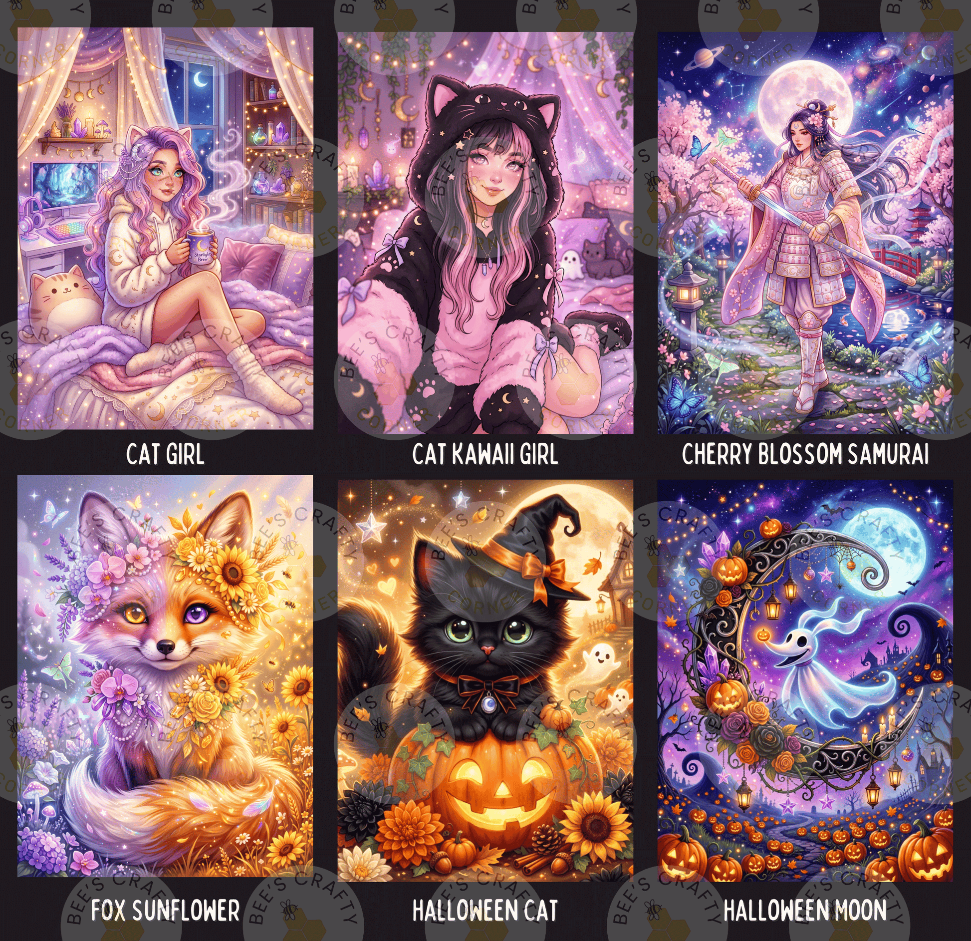 The image is a collage of six colorful and whimsical illustrations, each depicting a different character or scene. The illustrations include a girl with purple hair, a girl with a cat, a girl with a cherry blossom, a girl with a witch, a fox with a sunflower, and a cat with a pumpkin.