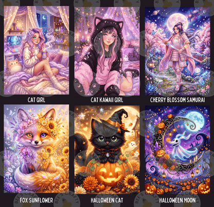 The image is a collage of six colorful and whimsical illustrations, each depicting a different character or scene. The illustrations include a girl with purple hair, a girl with a cat, a girl with a cherry blossom, a girl with a witch, a fox with a sunflower, and a cat with a pumpkin.