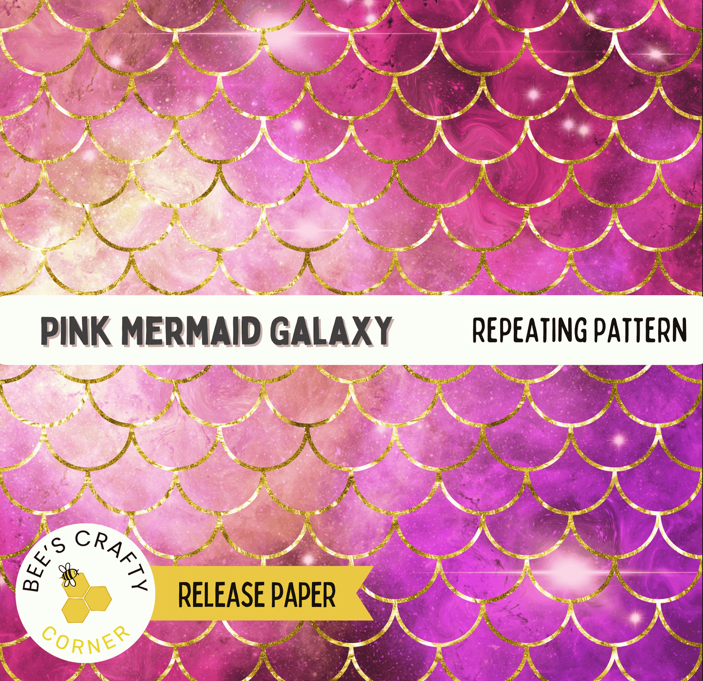 The image is a repeating pattern of pink and purple scales, resembling a mermaid's tail or scales. The pattern is described as a "PINK MERMAID GALAXY" and is referred to as a "REPEATING PATTERN" in the image.