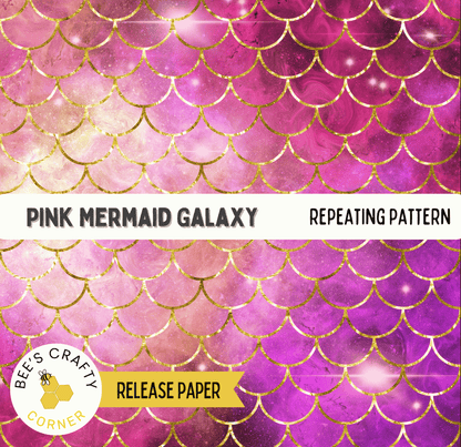 The image is a repeating pattern of pink and purple scales, resembling a mermaid's tail or scales. The pattern is described as a "PINK MERMAID GALAXY" and is referred to as a "REPEATING PATTERN" in the image.