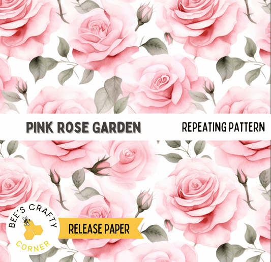 The image is a repeating pattern of pink roses with green leaves, and it is a release paper for a craft project.