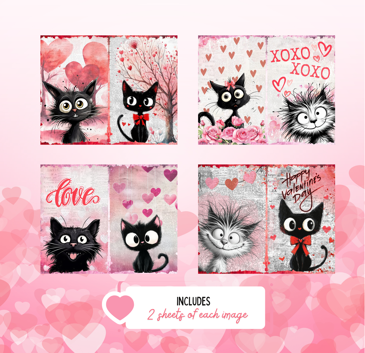 four separate images of cats, each with a Valentine's Day-themed background. The cats are depicted in various poses and expressions, creating a festive and romantic atmosphere.