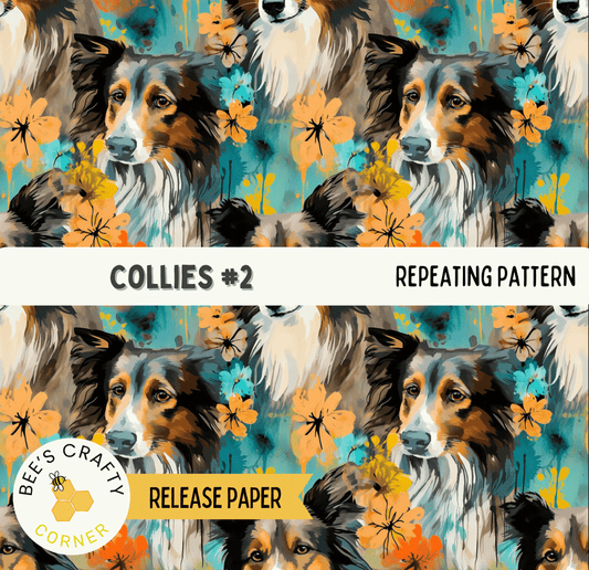 The image is a repeating pattern of collie dogs with flowers in the background.