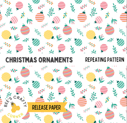 The image is a repeating pattern of Christmas ornaments and leaves, featuring various colors and designs.