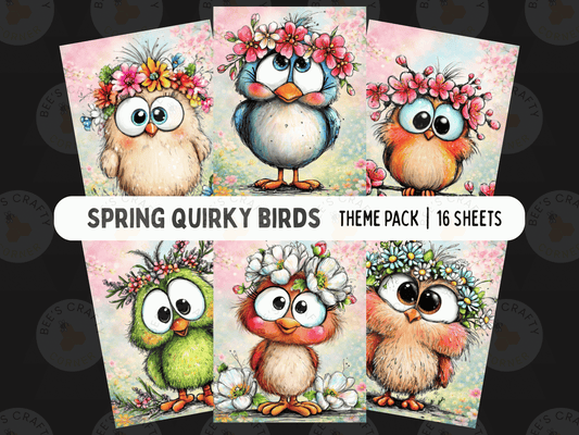 The image is a theme pack of six colorful cartoon birds, each with a flower crown, arranged in a grid pattern.