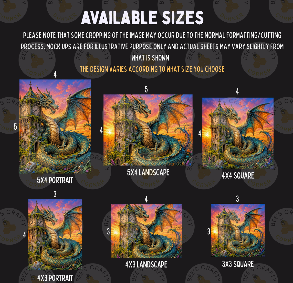 six different sizes of dragon portraits, each with a unique design and color scheme. The sizes range from 5x4 to 5x3, and the portraits vary in style and color, showcasing the artist's creativity and skill in capturing the essence of the dragon.