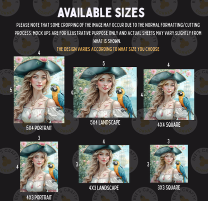 The image is a collage of six different sizes of portraits featuring a woman with a parrot. The sizes range from 5x4 to 5x3, and the portraits are arranged in a grid format.