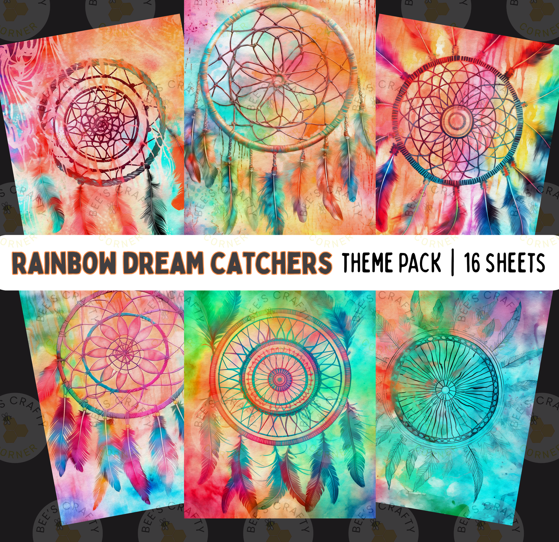 The image is a theme pack of 16 colorful dreamcatchers, each featuring a unique design and pattern.