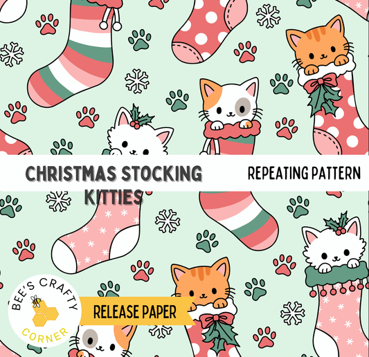 The image is a repeating pattern of Christmas stocking kittens, featuring various colored and patterned stockings with cats peeking out from them.