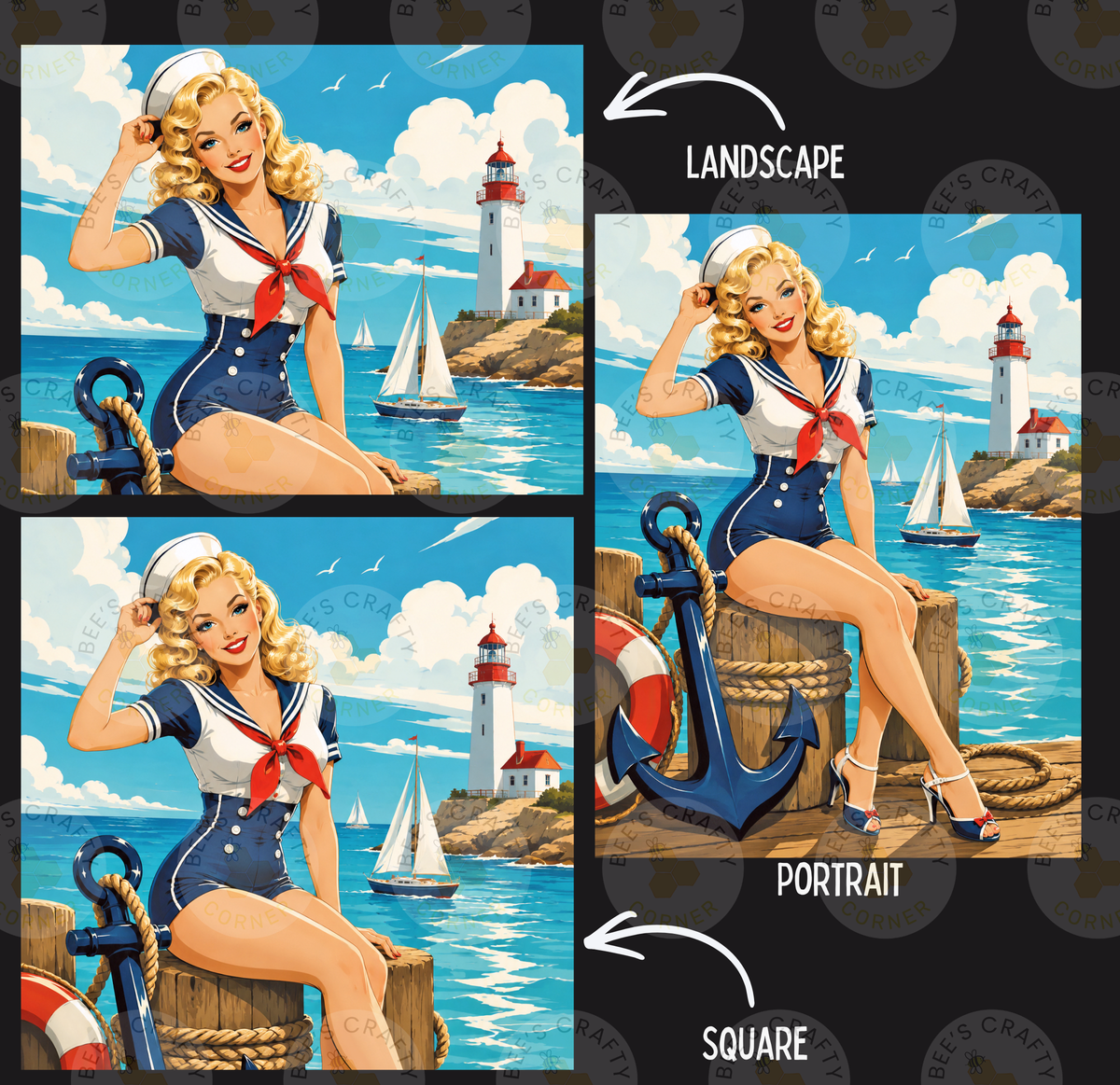 The image is a collage of three pictures depicting a woman in a nautical theme, with a lighthouse and sailboats in the background.