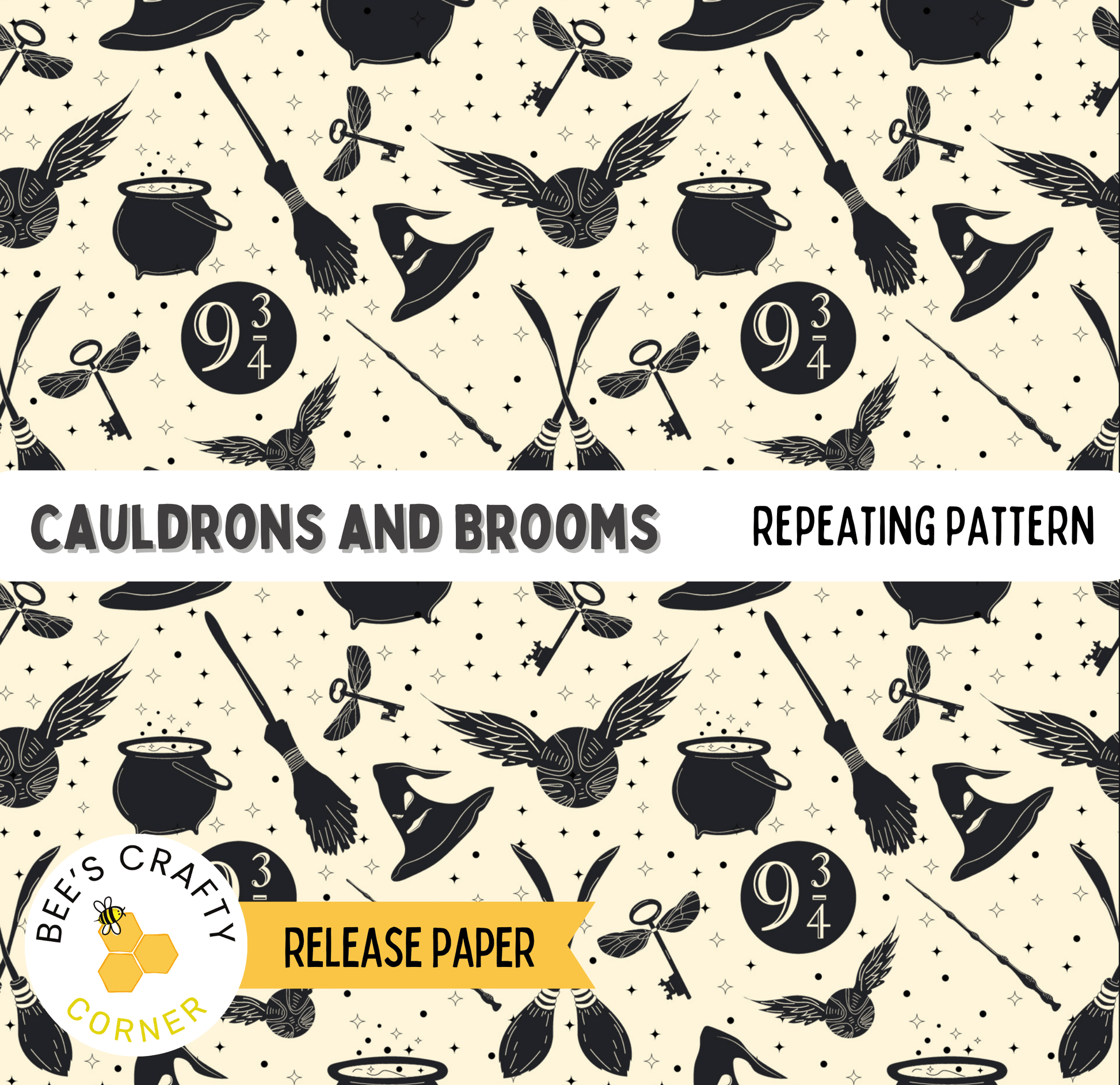 The image is a repeating pattern of various Halloween-themed items, including cauldrons, brooms, and numbers, such as 9, 3, and 9/4.