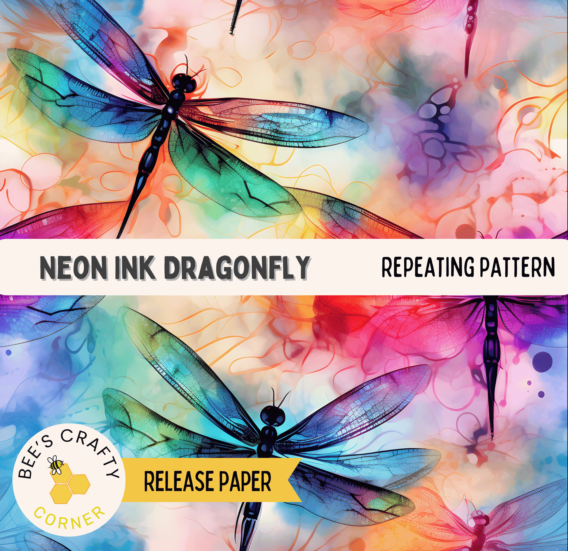 The image is a vibrant and colorful collage featuring neon-colored dragonflies and butterflies against a background of abstract, swirling patterns in various colors.