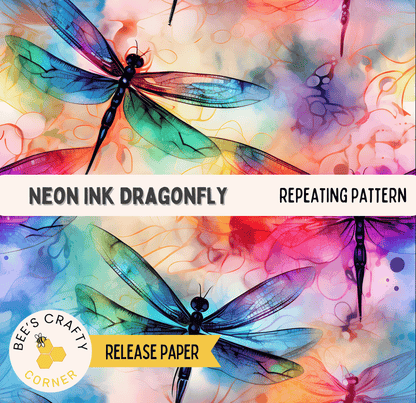 The image is a vibrant and colorful collage featuring neon-colored dragonflies and butterflies against a background of abstract, swirling patterns in various colors.
