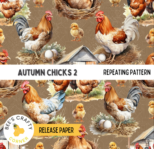The image is a repeating pattern of various chickens, including roosters and hens, in different poses and settings, such as on nests and in the background.