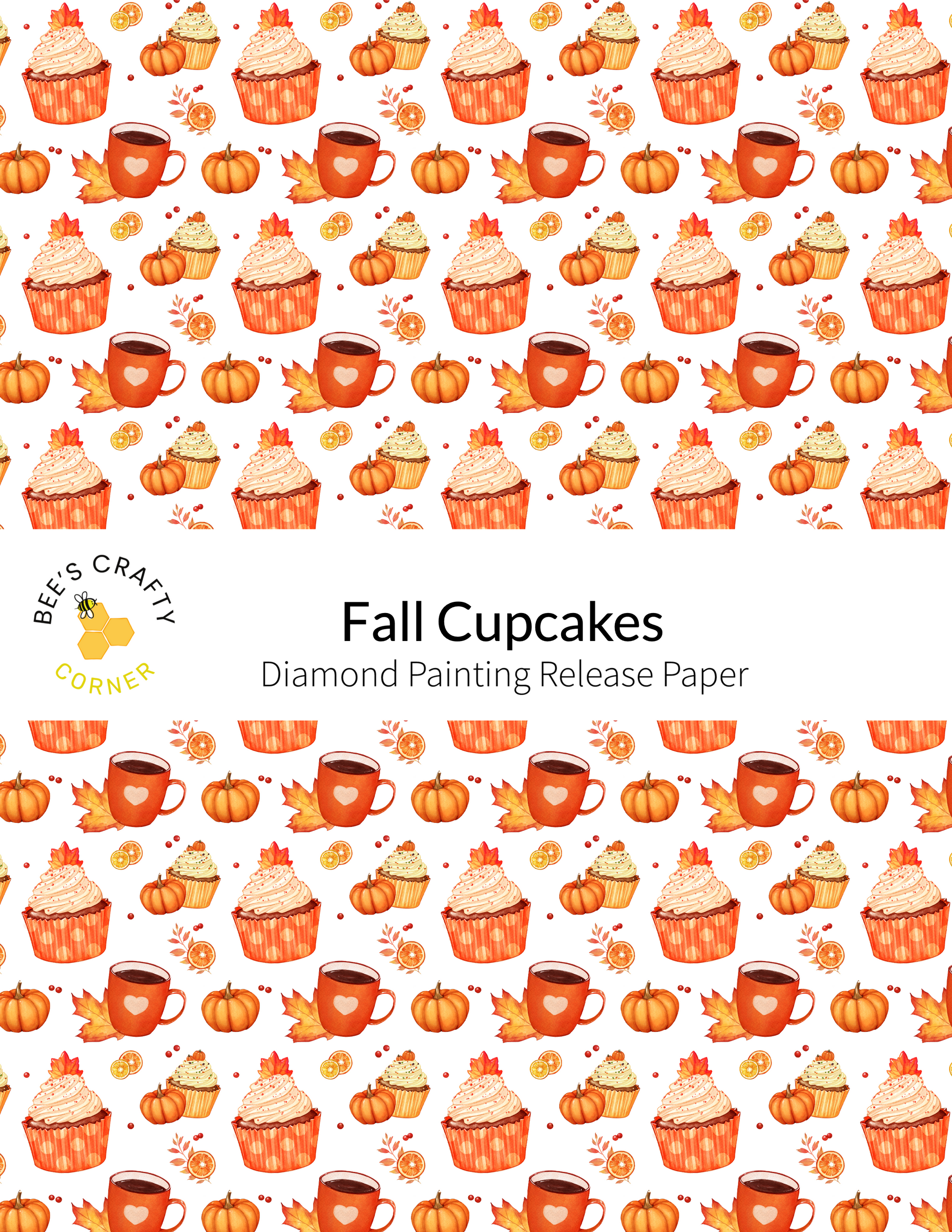 The image is a repeating pattern of fall-themed cupcakes and autumn leaves, with various sizes and colors of cupcakes and leaves scattered throughout the background.