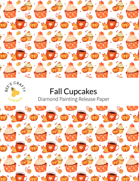 The image is a repeating pattern of fall-themed cupcakes and autumn leaves, with various sizes and colors of cupcakes and leaves scattered throughout the background.