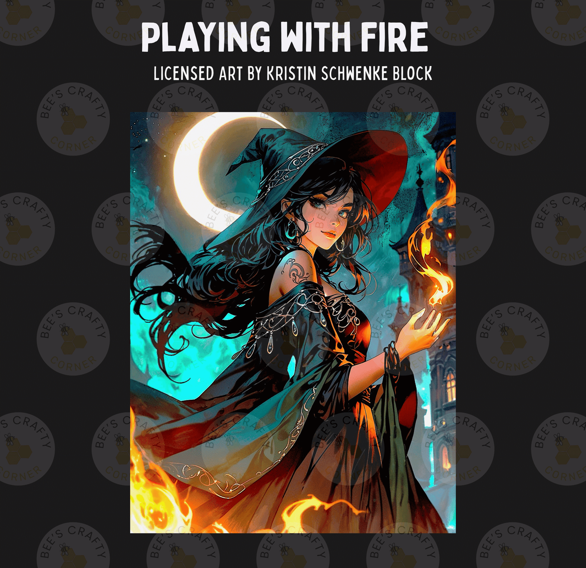 The image is a digital illustration featuring a woman with long dark hair wearing a pointed hat, holding a flame, and surrounded by a fiery background.