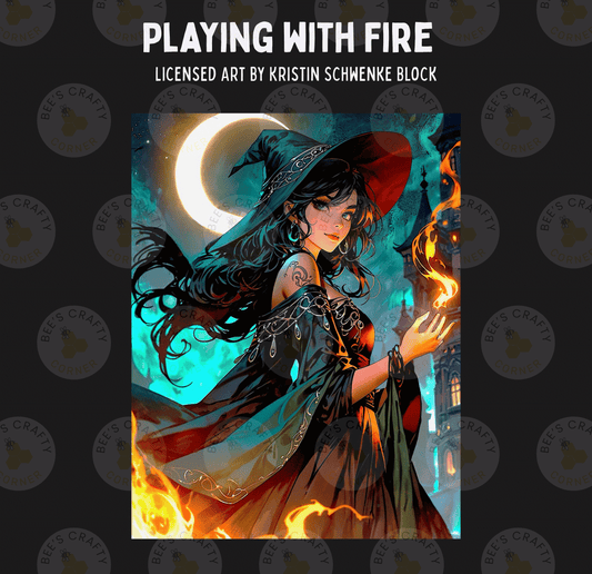 The image is a digital illustration featuring a woman with long dark hair wearing a pointed hat, holding a flame, and surrounded by a fiery background.