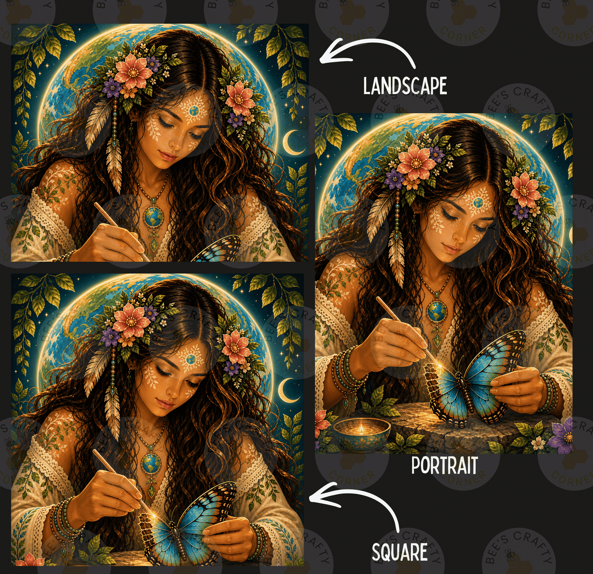 The image is a collage of three pictures depicting a woman with long, dark hair and a flower in her hair, surrounded by a floral and moon-like background. The woman is holding a butterfly and appears to be writing or drawing on a piece of paper. The collage is labeled as a landscape, portrait, and square, indicating the different perspectives of the same scene.
