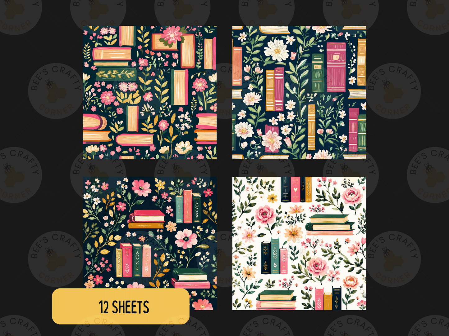 four square patterns with floral and book-themed designs. The patterns include books, flowers, and leaves arranged in various ways, creating a visually appealing and harmonious composition.