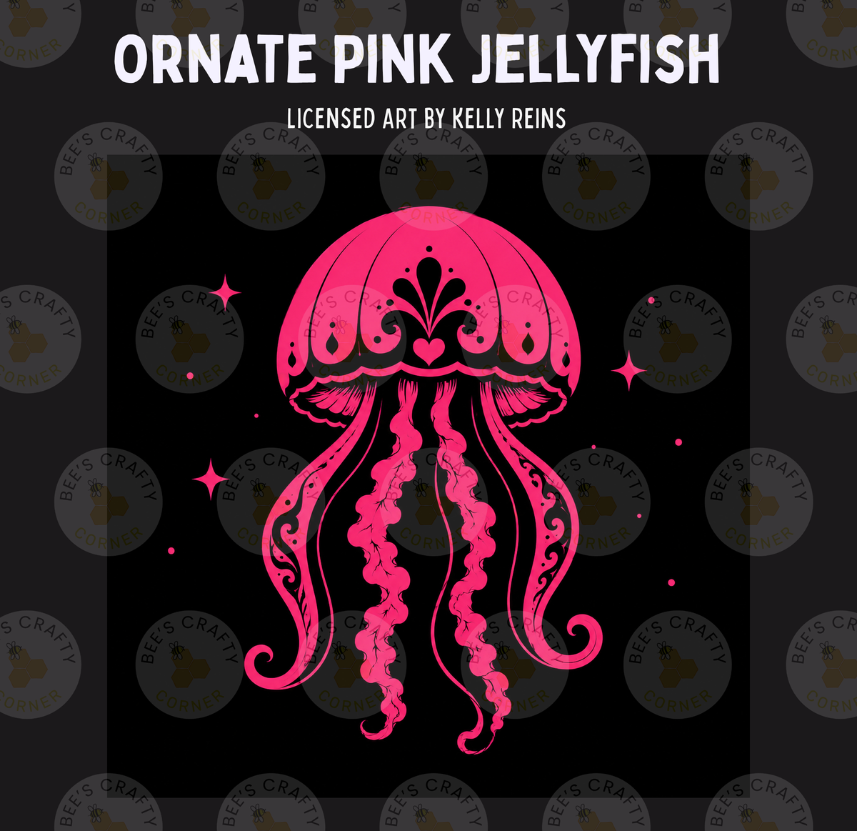 a pink jellyfish with intricate designs on its tentacles, set against a dark background with scattered stars.