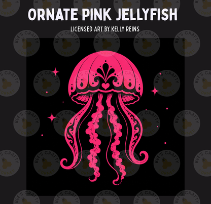 a pink jellyfish with intricate designs on its tentacles, set against a dark background with scattered stars.