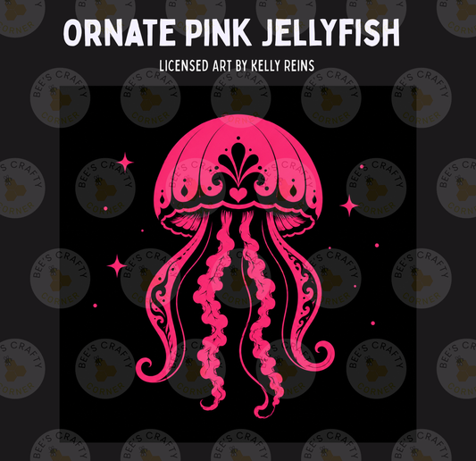 a pink jellyfish with intricate designs on its tentacles, set against a dark background with scattered stars.