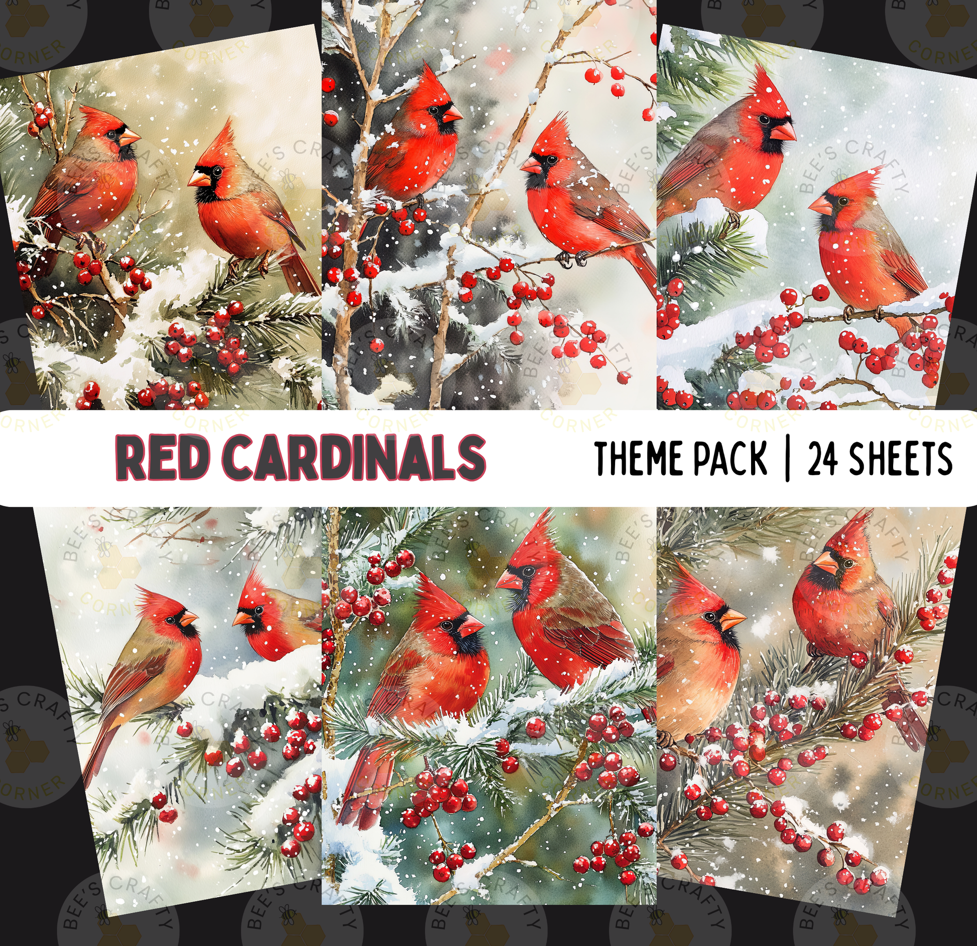 The image is a collage of 24 images featuring red cardinals perched on branches with berries and snow.