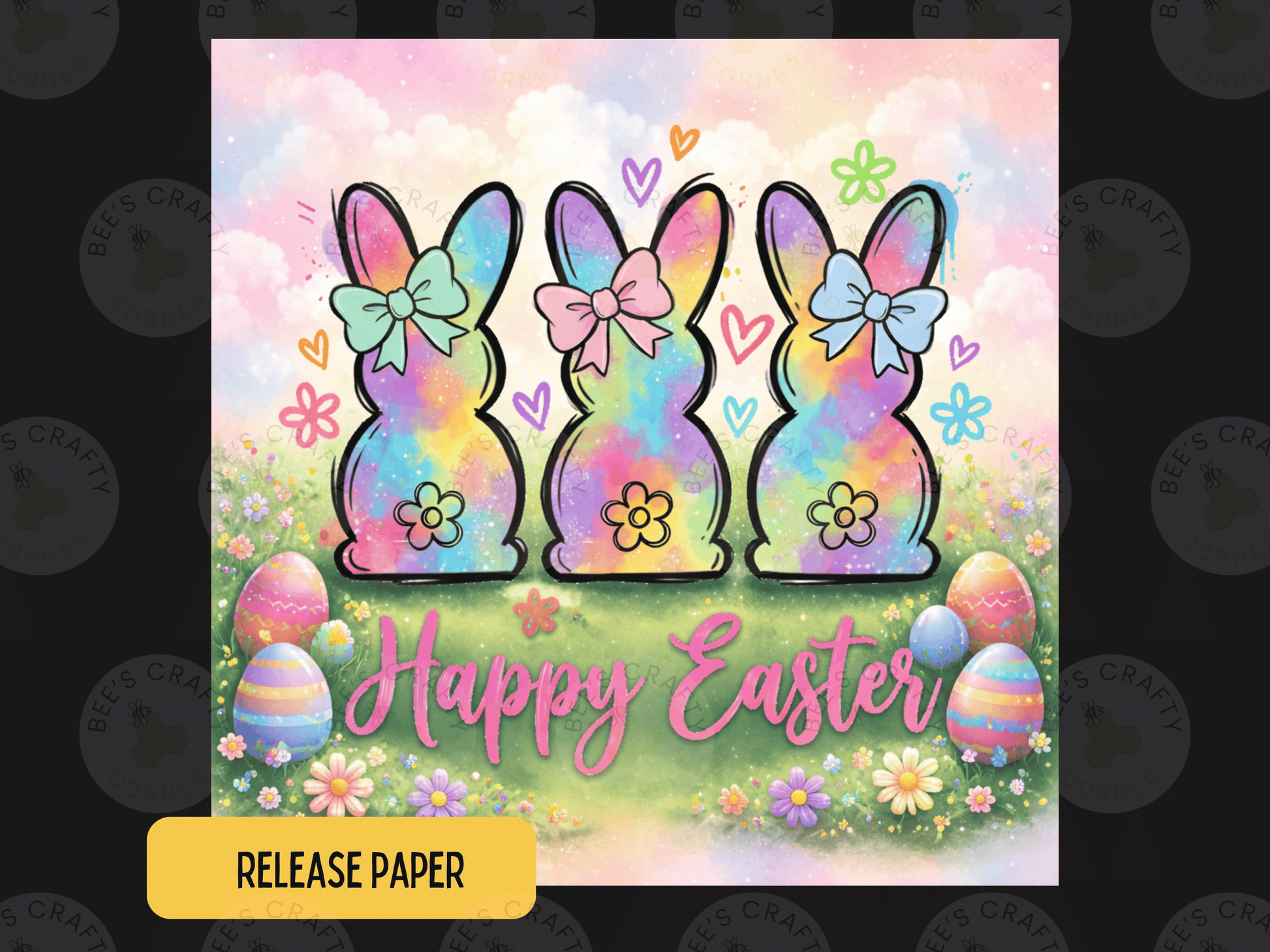 A colorful Easter-themed illustration featuring three bunny rabbits with bows, surrounded by flowers, Easter eggs, and the text "Happy Easter".