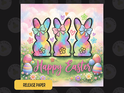 A colorful Easter-themed illustration featuring three bunny rabbits with bows, surrounded by flowers, Easter eggs, and the text "Happy Easter".