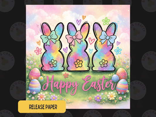 A colorful Easter-themed illustration featuring three bunny rabbits with bows, surrounded by flowers, Easter eggs, and the text "Happy Easter".