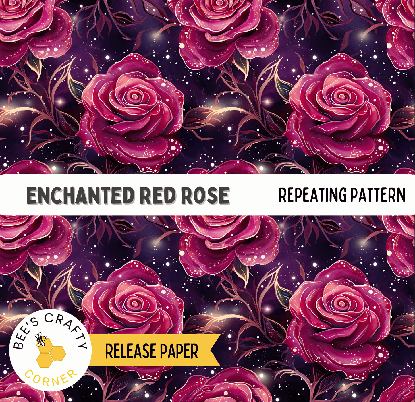 The image is a repeating pattern of large, vibrant red roses against a dark purple background with sparkling lights.