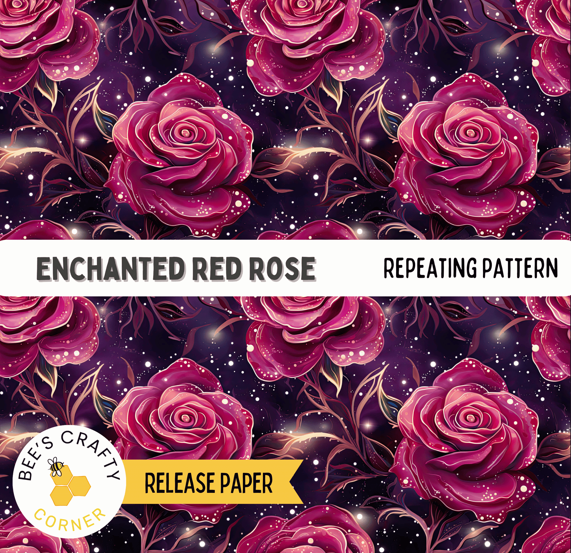 The image is a repeating pattern of large, vibrant red roses against a dark purple background with sparkling lights.