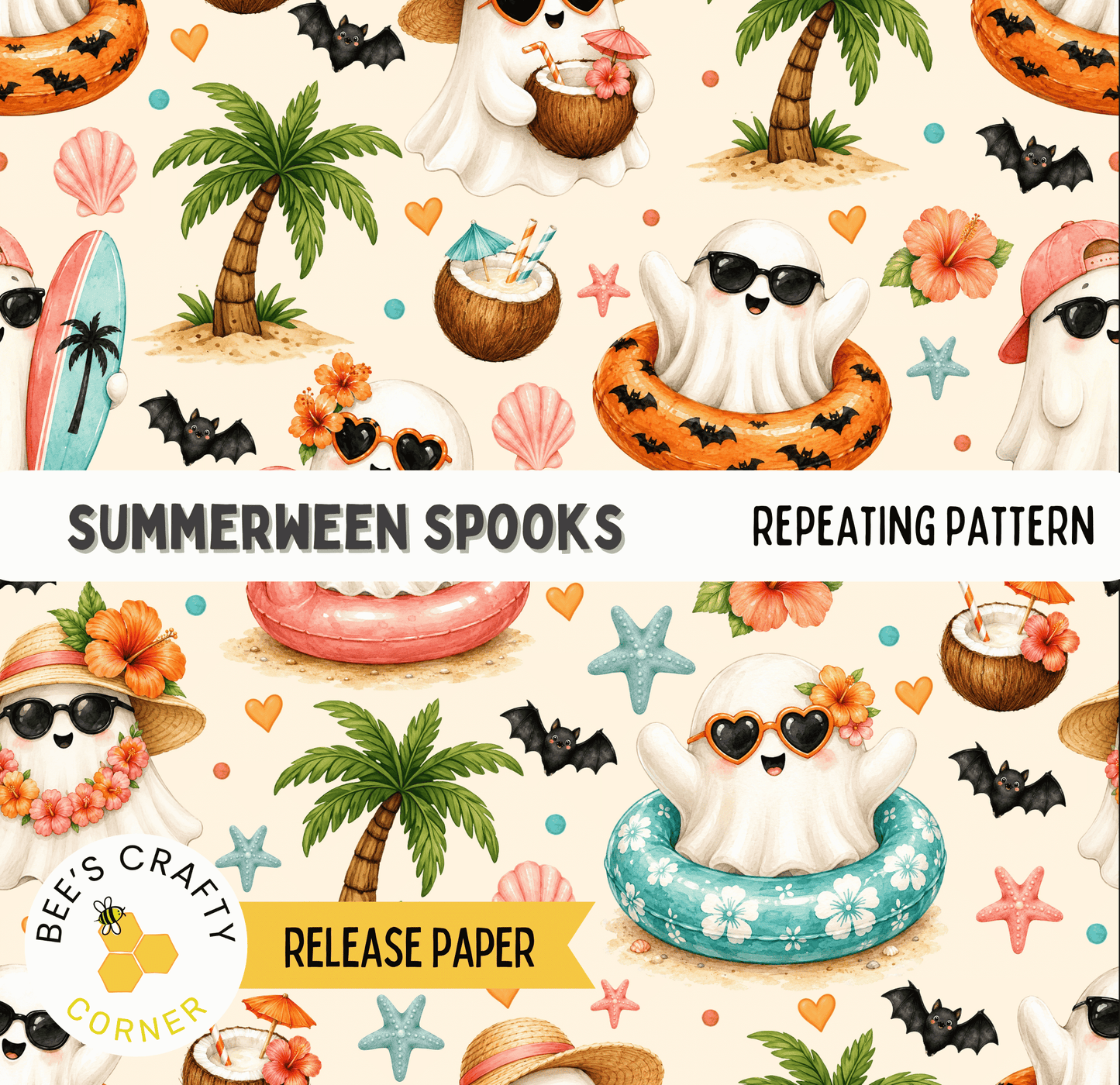 The image is a repeating pattern of various Halloween-themed elements, including ghost characters, palm trees, flowers, and other decorative items. The pattern is designed to resemble a summer vacation or beach scene, with a focus on the whimsical and playful nature of the Halloween motifs.