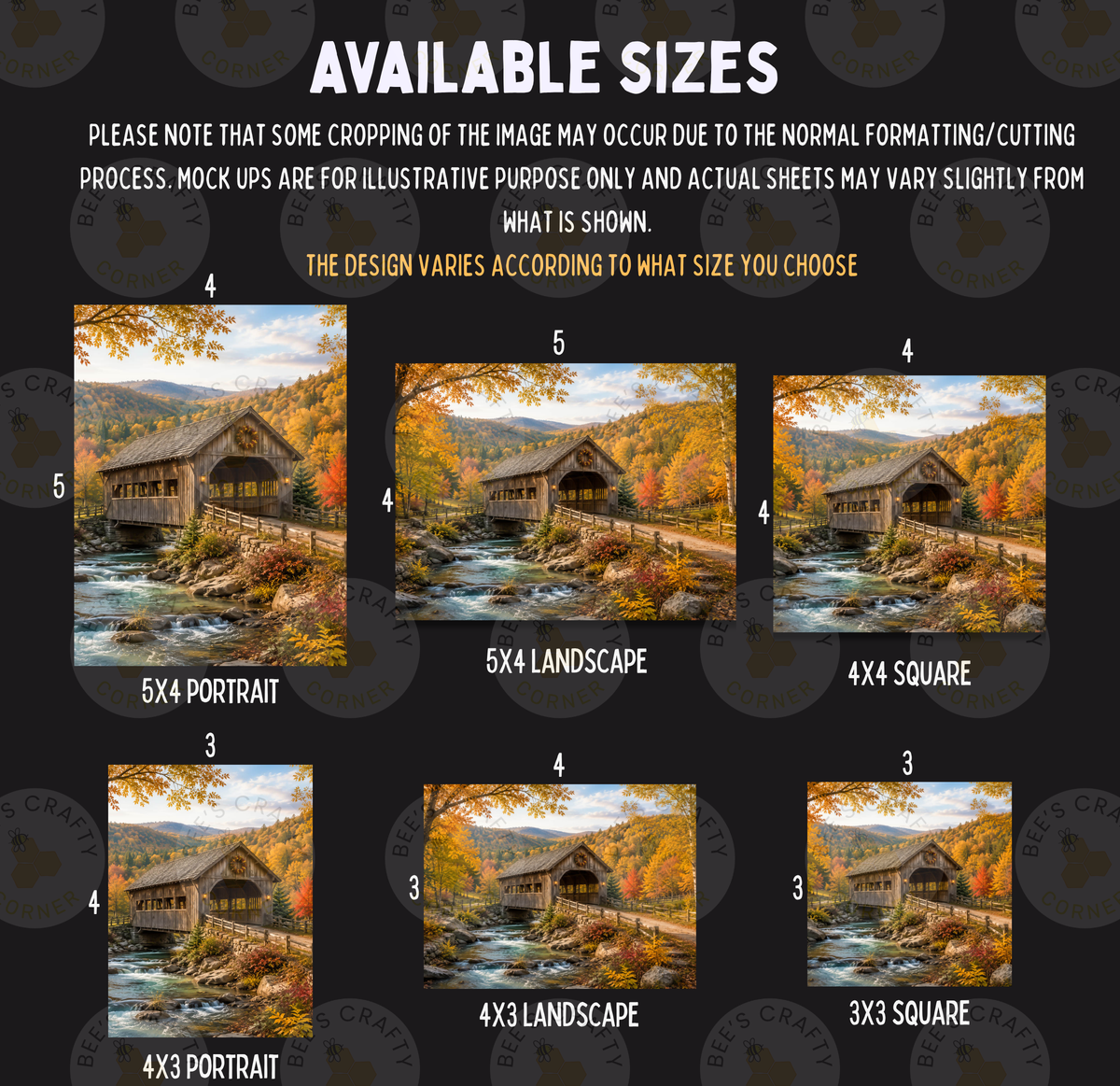a collage of six different sizes of landscape photographs, each depicting a scenic outdoor setting with a bridge and trees. The photographs vary in size, ranging from small square images to larger landscape pictures. The images are arranged in a grid format, with each photograph placed next to its corresponding size. The text above the images provides information about the available sizes and the normal formatting/cutting process for the images.