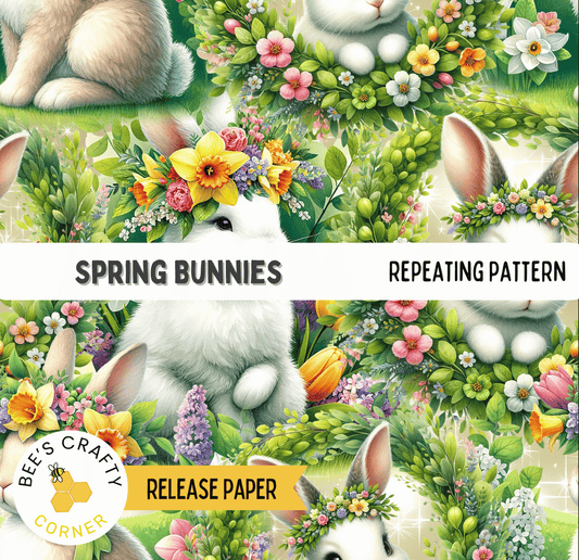 The image is a collage of various spring bunny illustrations, including rabbits with flower crowns, surrounded by colorful flowers and lush greenery.
