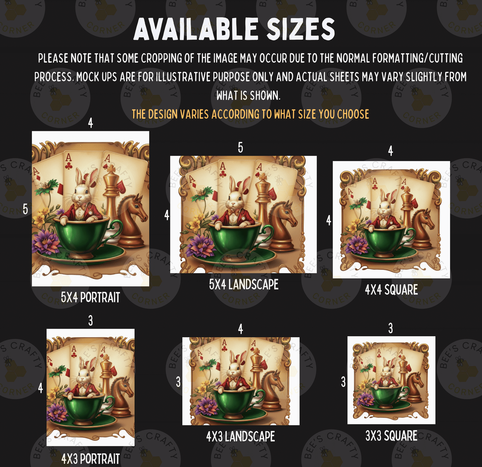 a collection of six different sizes of illustrations featuring rabbits, a cup, and various objects such as a horse, flowers, and a clock.