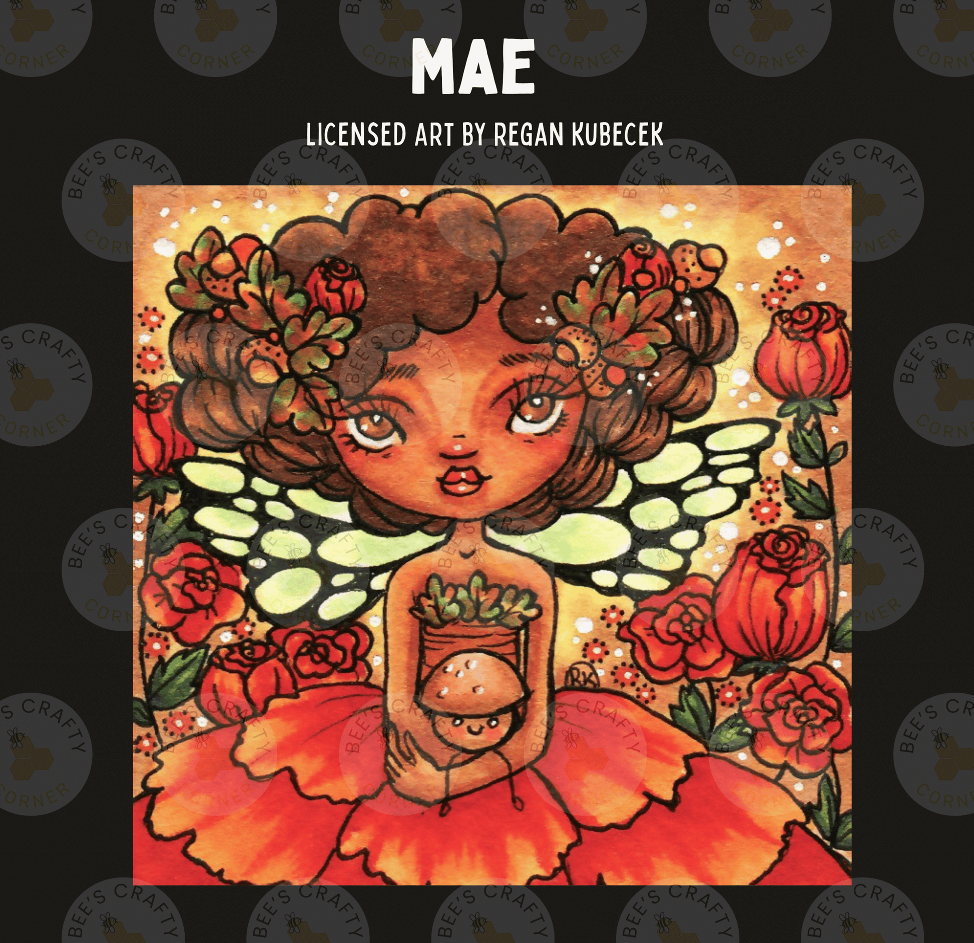 The image is a colorful illustration featuring a woman with curly hair and a flower crown, surrounded by various flowers and plants.